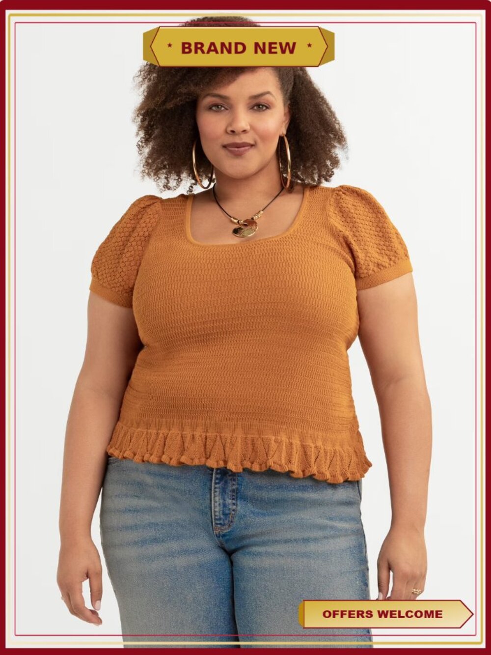 Plus Size Puff Sleeve Sweater Top Lightweight Round Neck